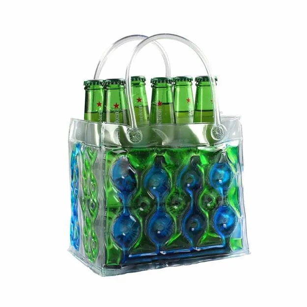 Borong beg ais promosi mesra alam jelas PVC Wine / arak PVC Hadiah beg ais dengan pemegang tiub plastik